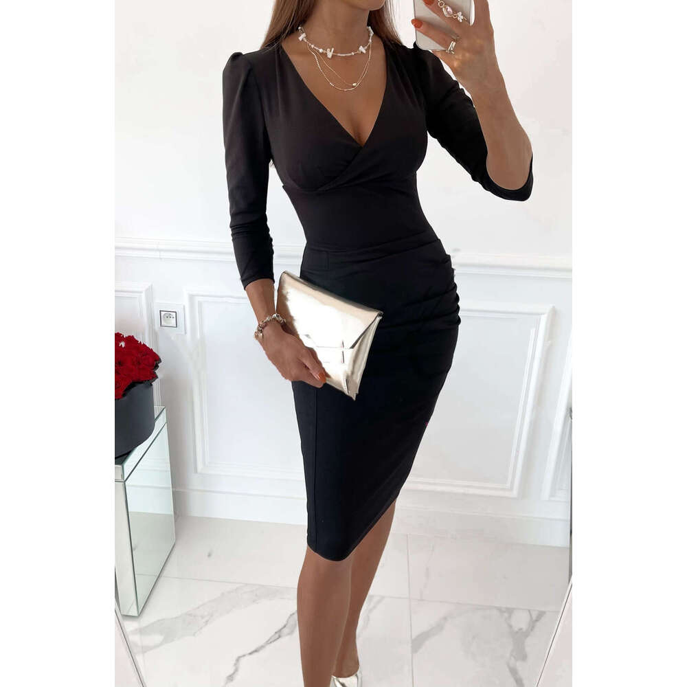 2023 Spring V-neck sexy temperament commuting waist cinched solid color dress for women