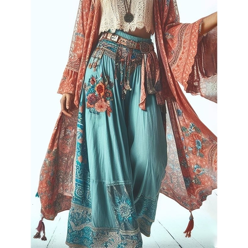 Harajuku Womens Thin Casual Pants Fashion Ethnic Style Flower Printed Wide Leg Pants Loose Elastic Waist Ankle Length Trousers 240907