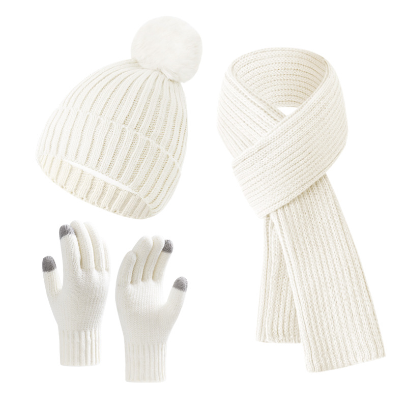 Winter pink warm hat warm gloves and Scarves Wool Knitted Yarn with Thick Velvet Soft Threaded Beanie Hat Winter Clothing Matching Warm Hats Three pie