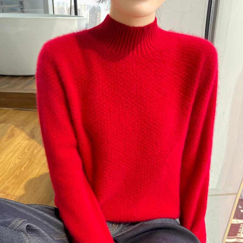 Autumn and Winter 100% Merino Wool Womens Sweater Half High Collar Solid Color Thick Knitted Large Size Loose Long Sleeve Floral Top 240905