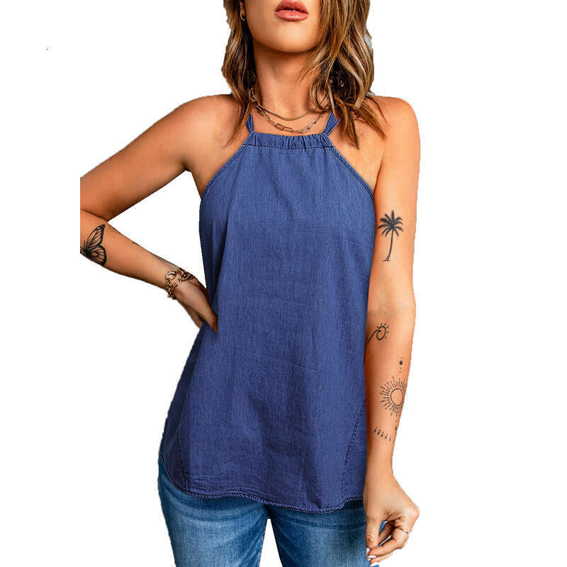 2024 Summer Casual Strap New Solid Color Hanging Neck Loose Bottom Women's Small Tank Top