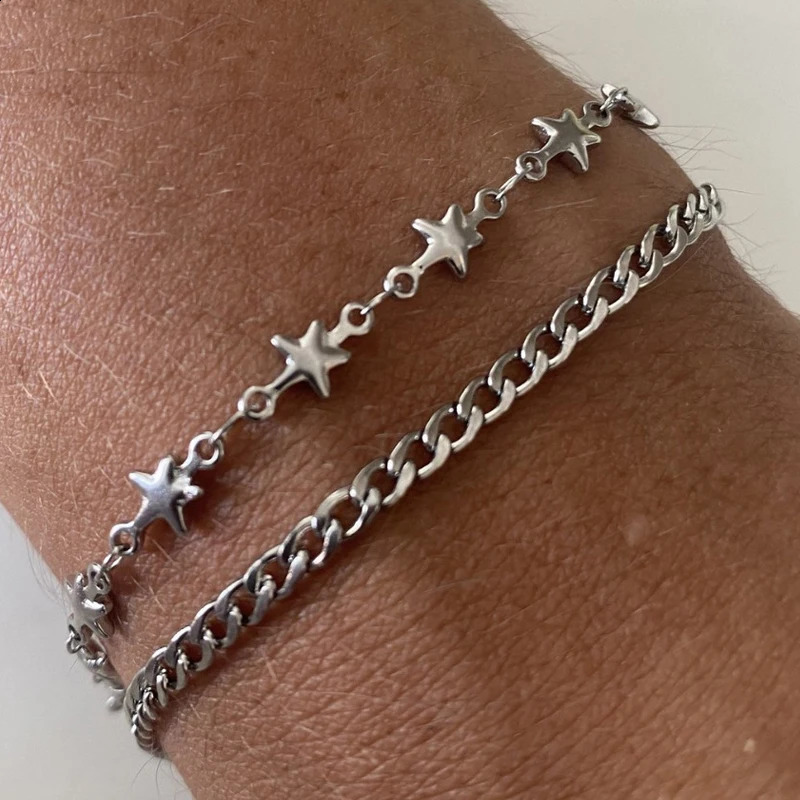 Mens Fashion Stainless Steel Double Chain Star Bracelet Minimalist Silver Hip Hop Bracelet Punk Jewelry Gift 2024 Edition 240905