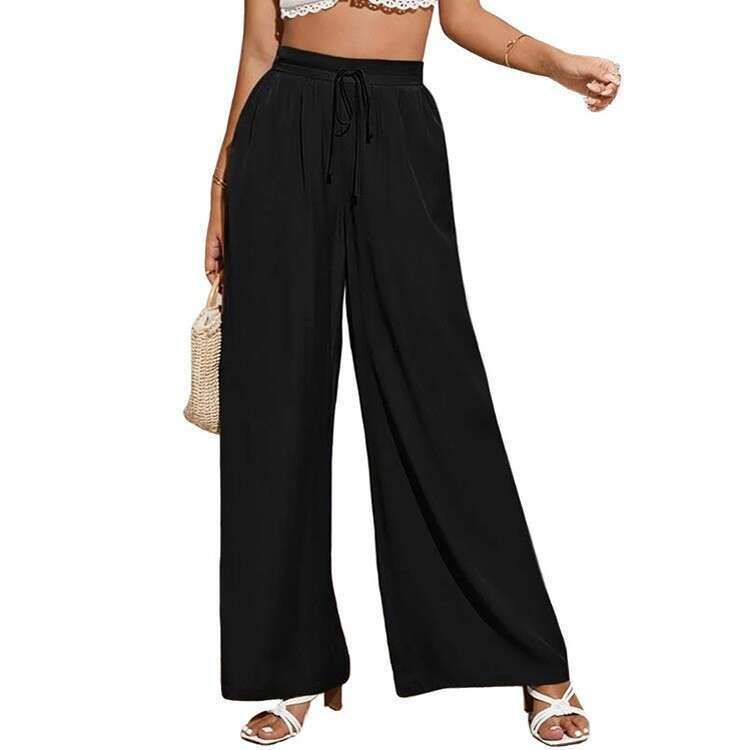 Summer New Women's High Casual Solid Color Elastic Waist Lace Loose Wide Leg Pants for Women