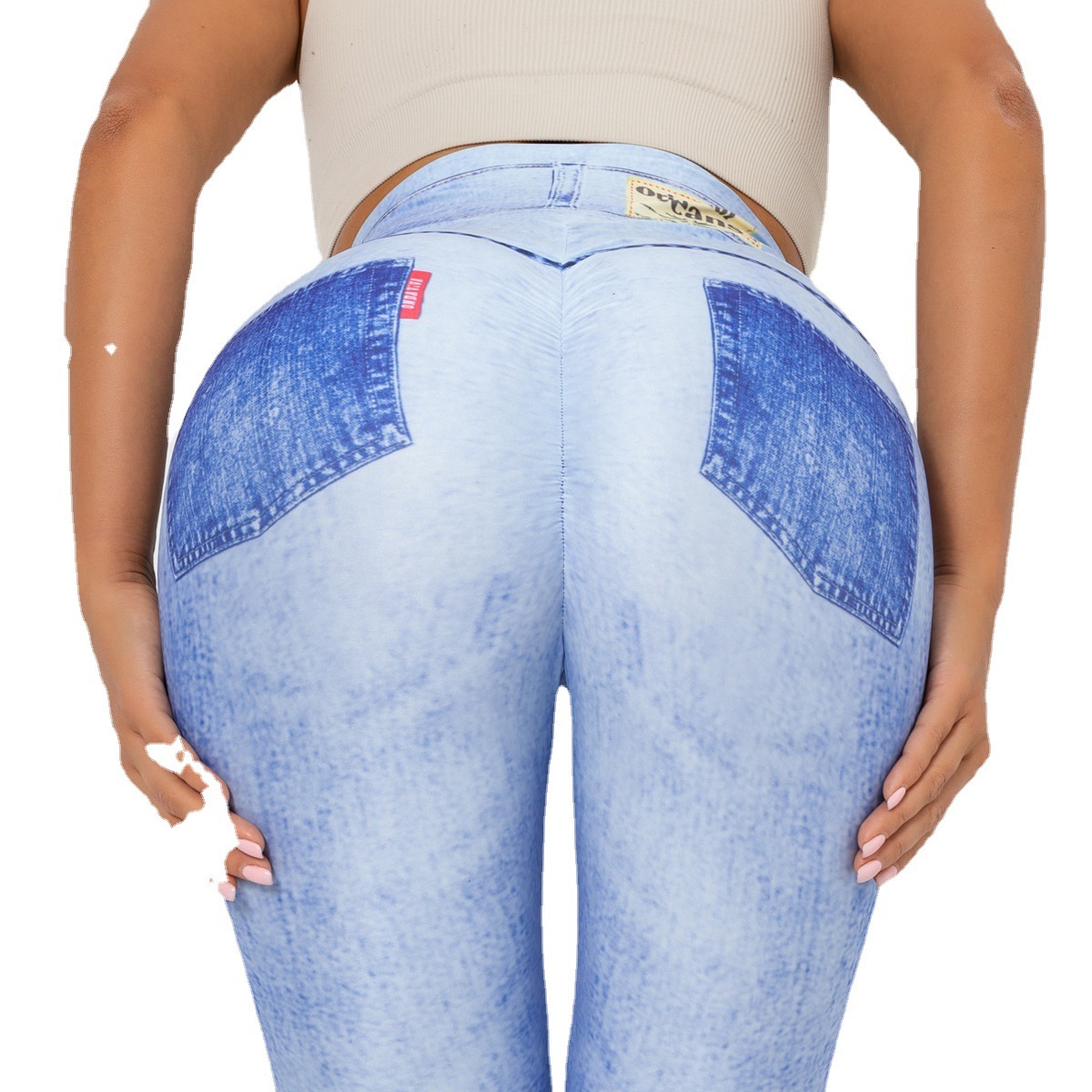 Digital printed denim blue height elastic quick drying yoga pants, sports running tight fitness pants for women