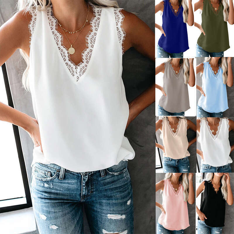 Summer base vest T-shirt for women 2024 summer new V-neck eyelash lace sleeveless loose top