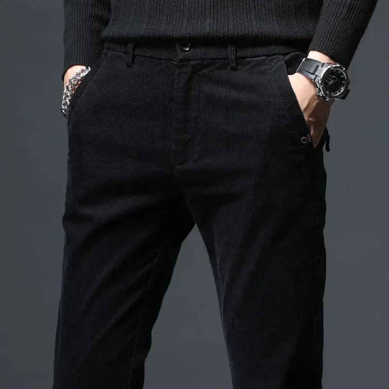 Autumn Winter Mens Retro Corduroy Casual Pants Business Fashion Solid Color Elastic Regular Suitable for Trousers 240905