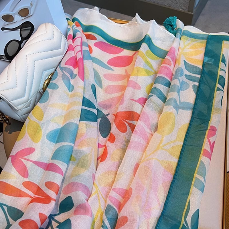 Dopamine Leaf Cotton and Hemp Scarf Women's Countryside Style Summer Thin Travel Sunscreen Whitening Neck Warmth Tassel Shawl