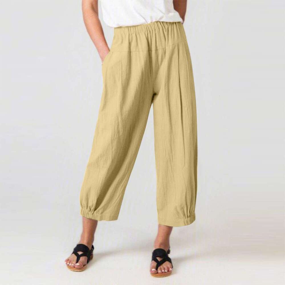 Summer loose cotton and linen pleated casual edition high waistband pocket Haren cropped pants for women
