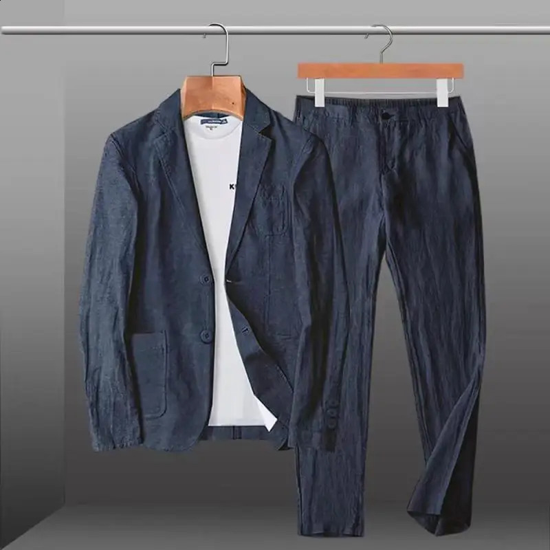 Spring and summer fashion mens linen two-piece jacketpants solid slim fit casual business thin jacket breathable set 240903