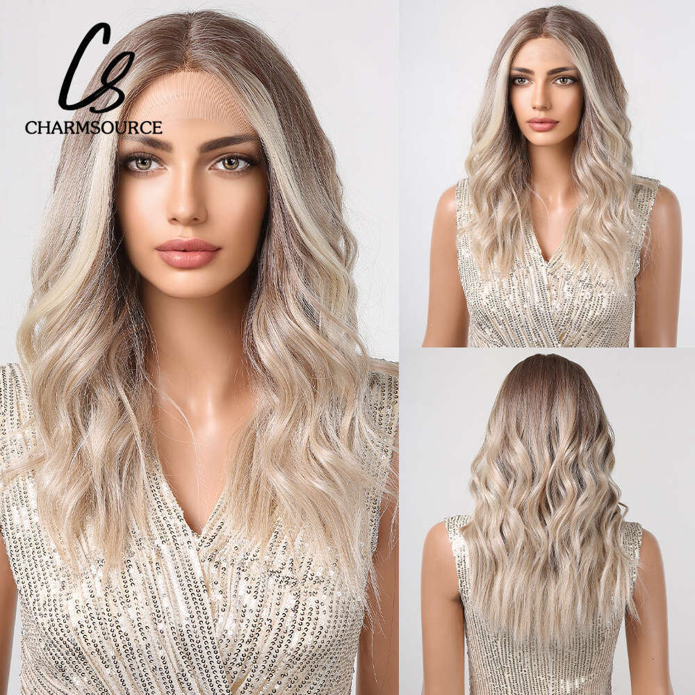 Charmsource Synthetic Wig Brown Ombre Blonde Lace Front Long Wavy With Dark Root Wigs For Women Daily Cosplay