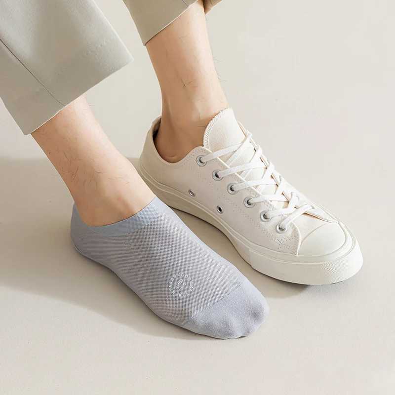 3Pairs Solid Cotton Bottom Breathable Mens Boat Socks Sweat-absorbing Thin Mesh Sock Low Cut Silicone Non-slip Invisible Sokken Y240906