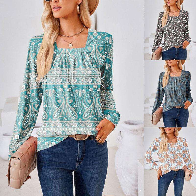 2024 Autumn/Winter Temu Square Neck Pleated Jacquard Long Sleeve Loose T-shirt Top Female
