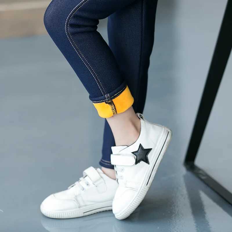 Girls Winter Cowboy Denim Long Pants Kids Thicken Warm Bootcuts Skinny Thick Leggings With Fleece Elastic Waist Trousers Y240906
