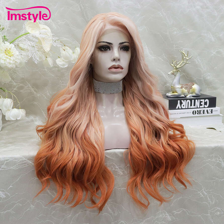 Imstyle Synthetic Front Ombre Orange For Women Wavy Long Lace Wig Heat Resistant Fiber Cosplay Wigs