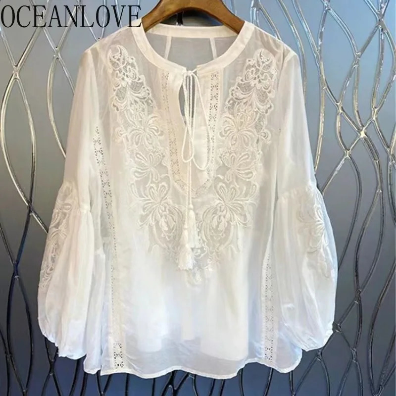 OCEANLOVE Embroidered Spring Autumn Thin Women Shirts Loose White Elegant Blusas Feminina Korean Fashion Vintage Blouses 240906