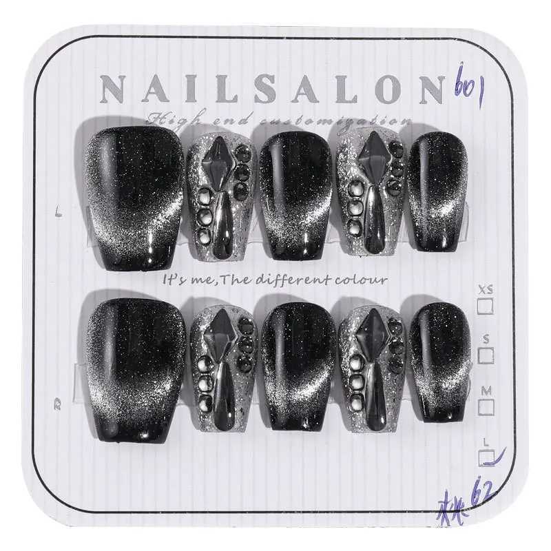 Full cat eyes fake nails short style hand woven nails displaying white and dark colors finished nail patches W240905
