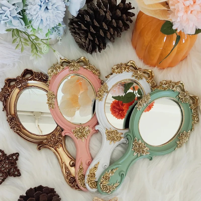 Rectangle Hand Hold Cosmetic Mirror with Handle Makeup Mirror Cute Creative Wooden Vintage Hand Mirrors Makeup Espelho 1Pc 240905