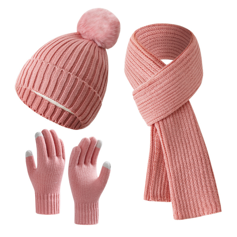 Winter pink warm hat warm gloves and Scarves Wool Knitted Yarn with Thick Velvet Soft Threaded Beanie Hat Winter Clothing Matching Warm Hats Three pie