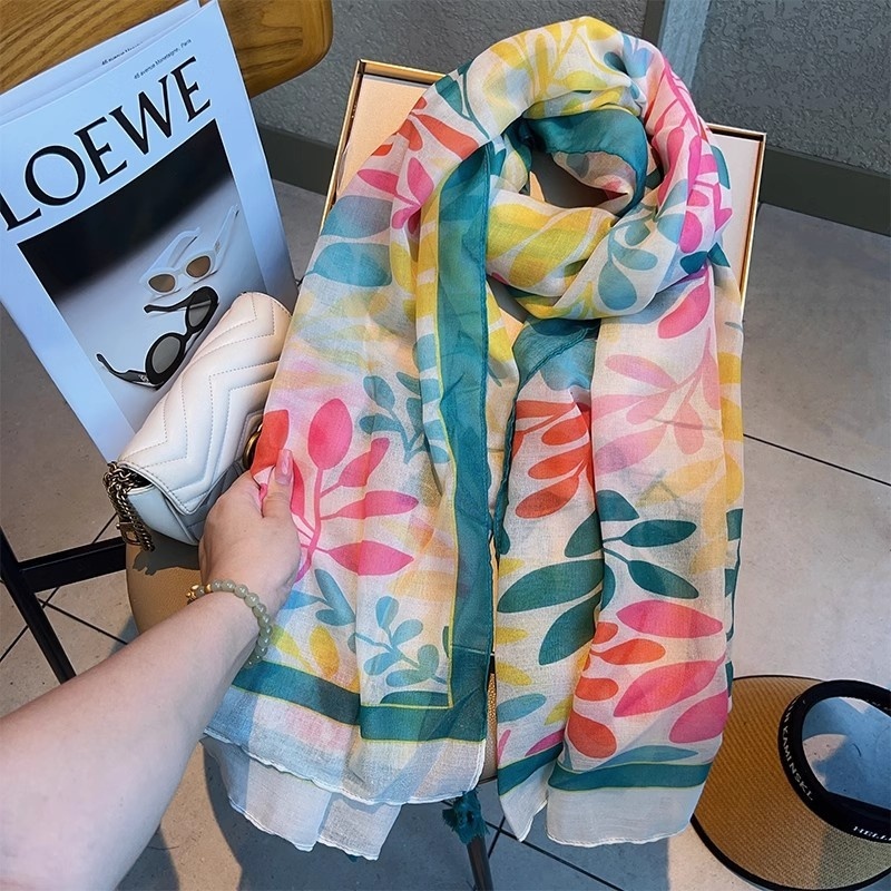 Dopamine Leaf Cotton and Hemp Scarf Women's Countryside Style Summer Thin Travel Sunscreen Whitening Neck Warmth Tassel Shawl