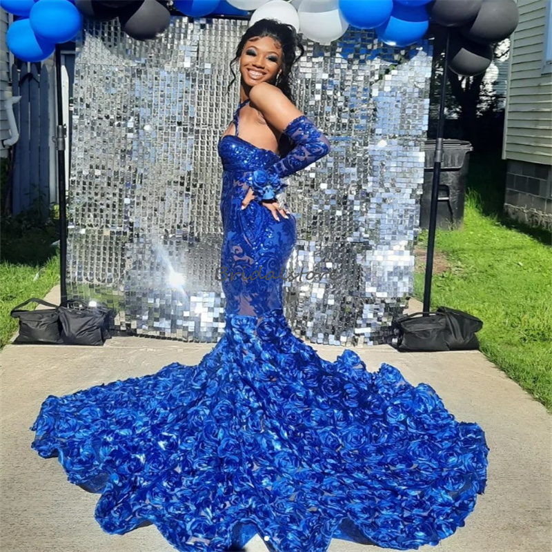 Shine Royal Blue Prom Dresses 2025 Halter Sequin Trumpet Mermaid Evening Gowns For Black Women 3D Florals Birthday Party Dress Robe De Soiree elegante