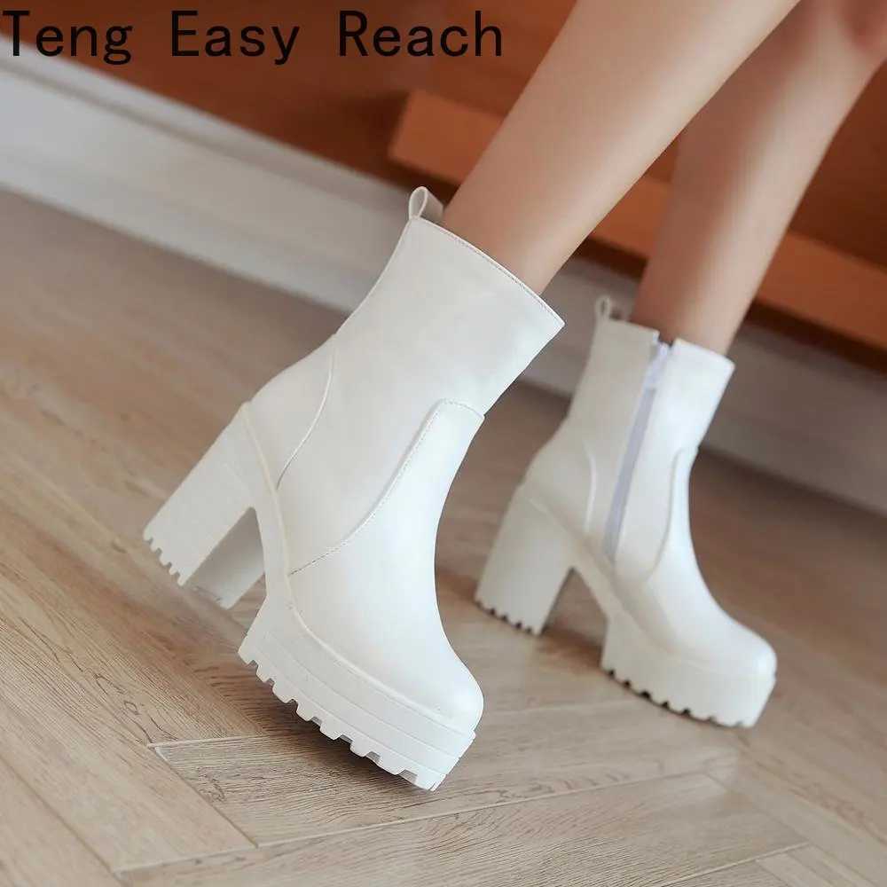 2023 Womens Ankle Boots Square High Heel Lace Round Head Womens Platform Black and White Womens Motorcycle Boots Size 34-43 CL240906