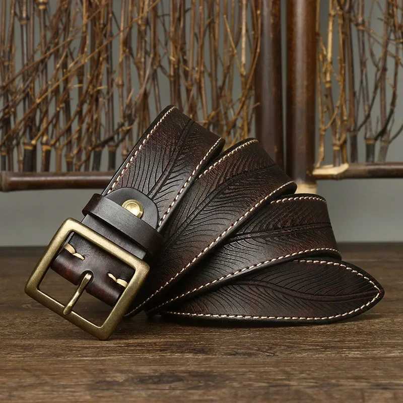 High quality genuine leather belt brass buckle fashionable retro jeans denim belt designer carved belt mens 3.8cm W240905