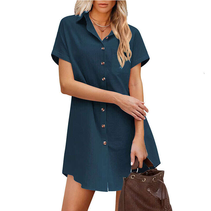 2024 Women's long button shirt, short sleeved linen skirt, summer beach cover up shirt