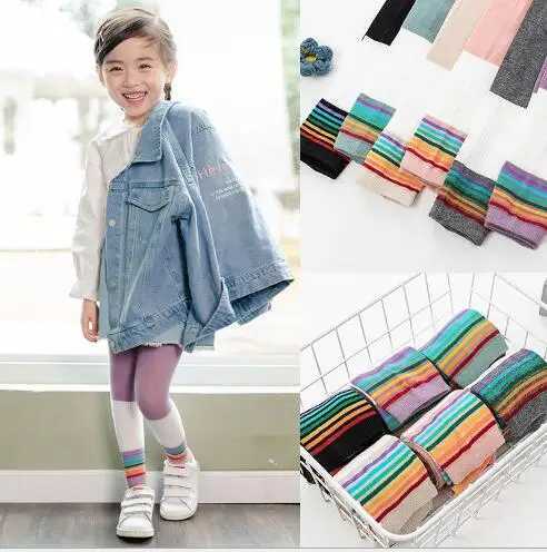 Spring 2024 new childrens pantyhose color matching rainbow baby cropped pants girls leggings Y240906