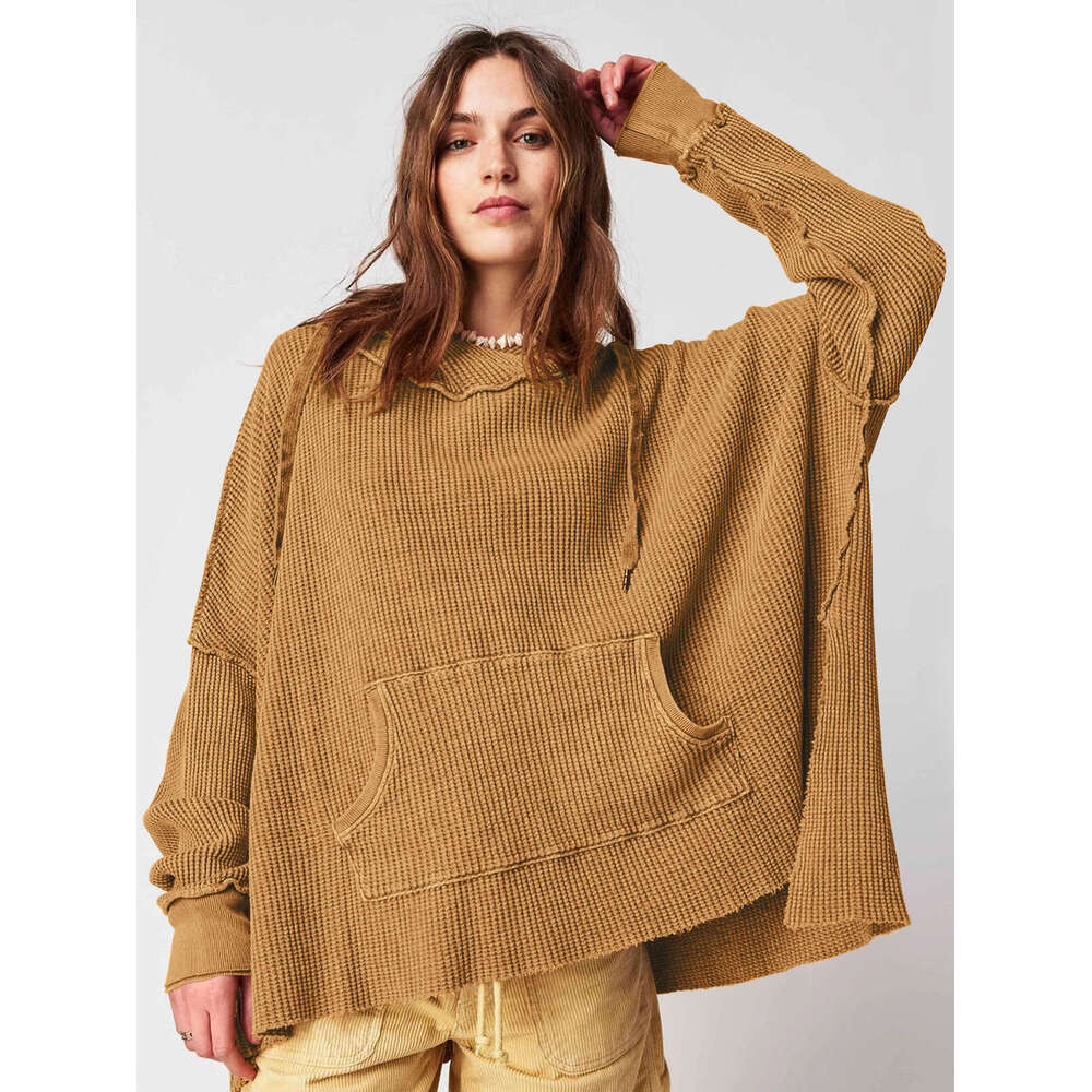 2024 Autumn Women's Loose Trendy Brand Solid Color Hoodie Waffle Long Sleeve Coat