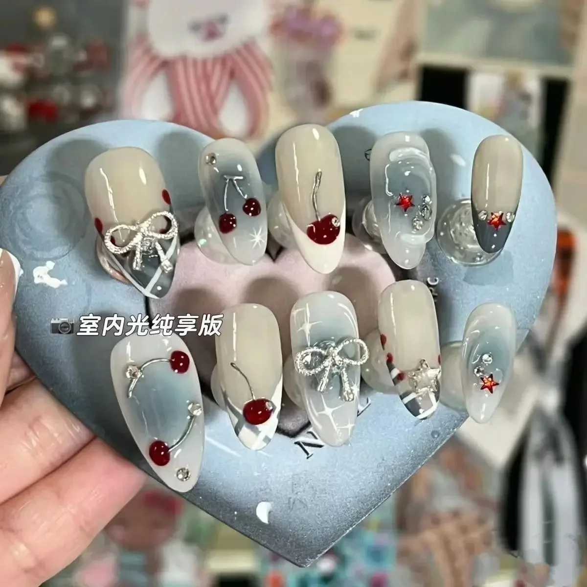 10 piece handmade press French almond fully covered cherry and bow design fake nails cute handmade suitable for women W240905