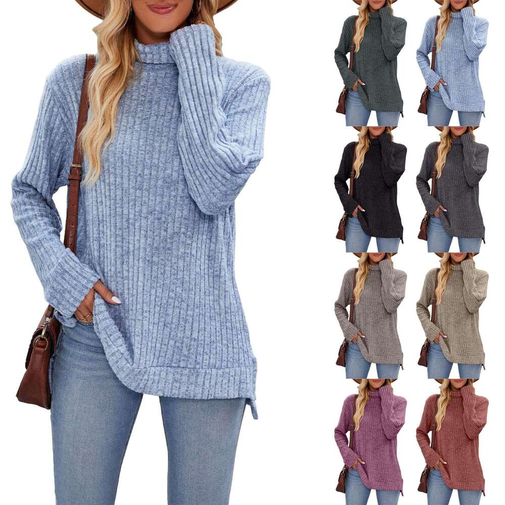 Autumn/Winter New High Neck Loose Long Sleeve Split T-shirt Top for Women