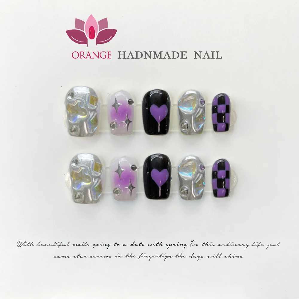 Handmade Korean Blue Pressing Nail Cute Reusable Decorative Fake Nail Full Cover Artificial Handmade Wearable Orange Nail Shop W240905