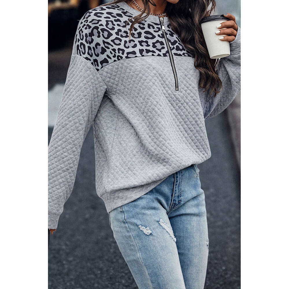Fashion winter new leopard print patchwork shoulder zipper sweatshirt 2024 casual warm long sleeved top for women