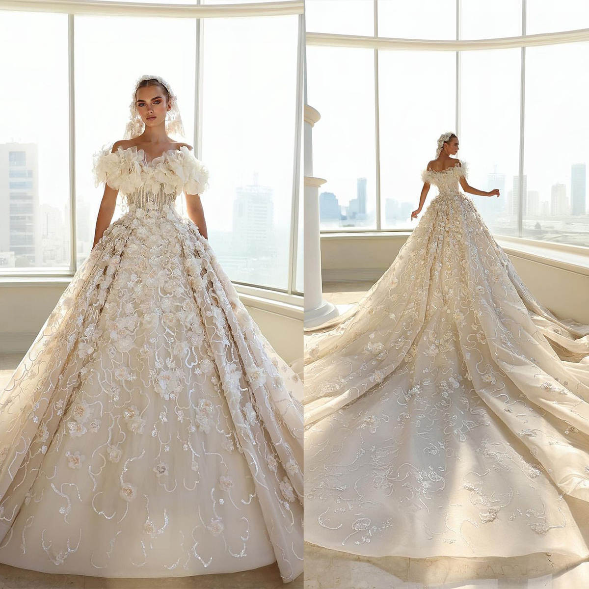 Gorgeous A Line Wedding Dress Off Shoulder Sleeveless Dresses 3D Appliques Sequins Court Train Bridal Gown Custom Made Vestido De Novia