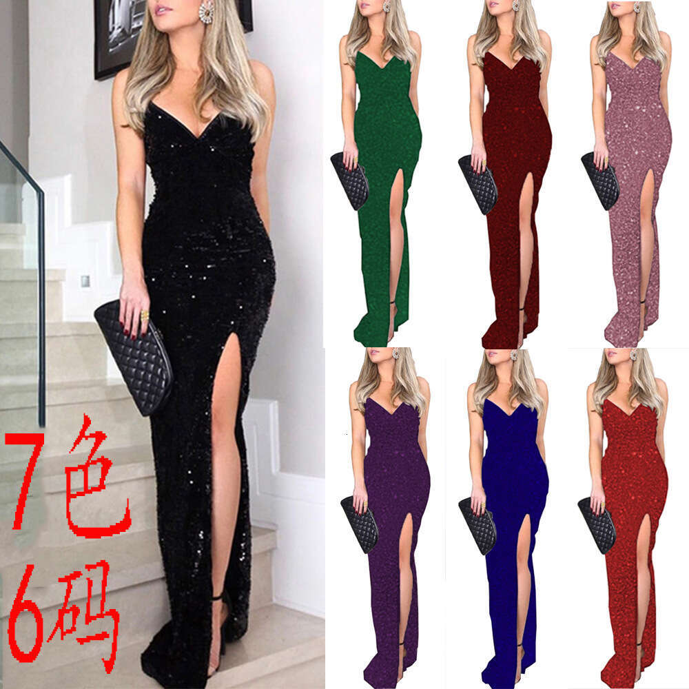 Women's new hot stamping dress, sexy split high waisted formal with V-neck strap dress