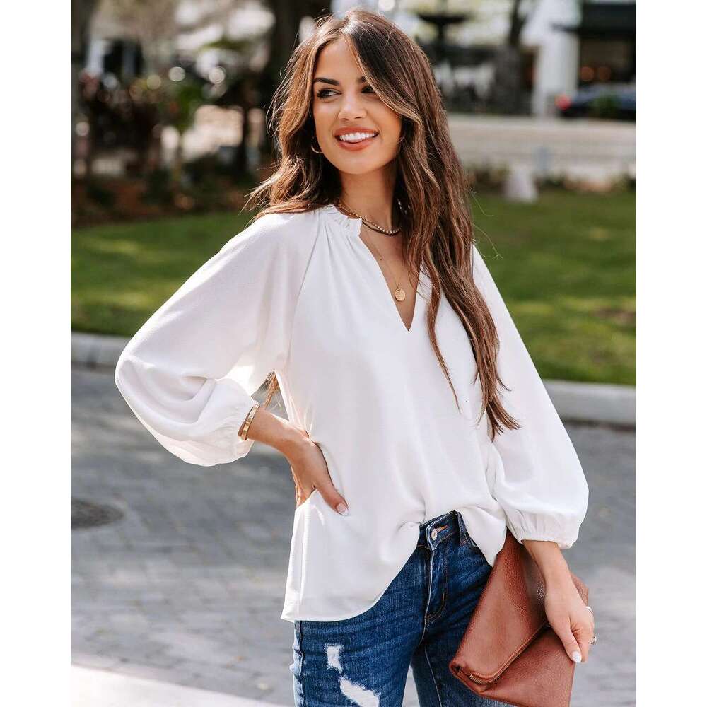 2024 Spring and Autumn New Women's Cool Long Sleeve Shirt Solid Color Comfortable Casual V-neck Loose Top