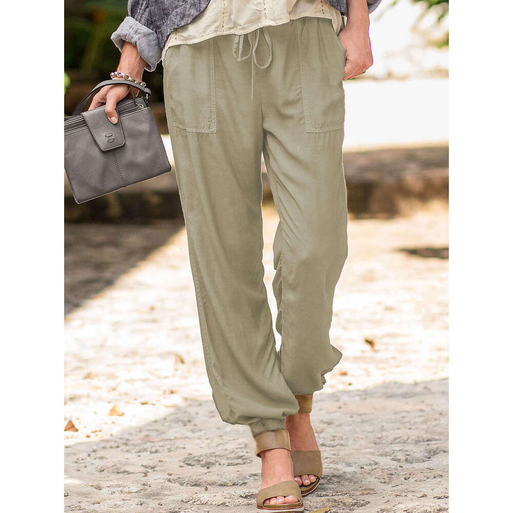 Women's summer new lace up solid color elastic ankle pocket casual pants