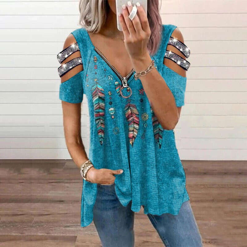 2024 V-neck Zipper Pullover Positioned Printed Short Sleeve Loose T-shirt Women's Top