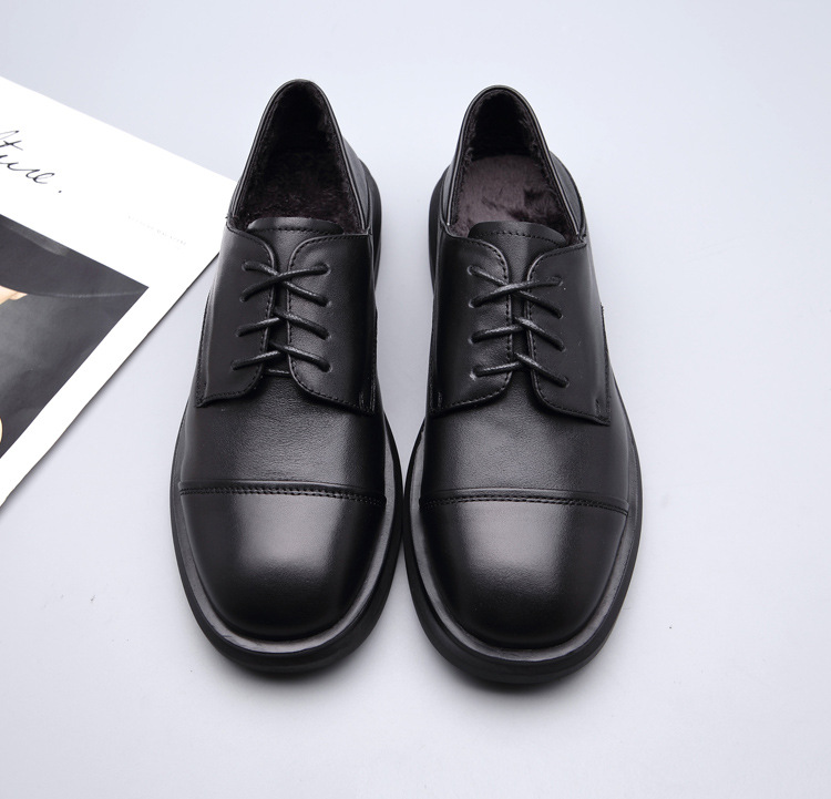 Head layer cowhide small leather shoes 2023 new moccasin British style flat bottom lace thick bottom single shoes female
