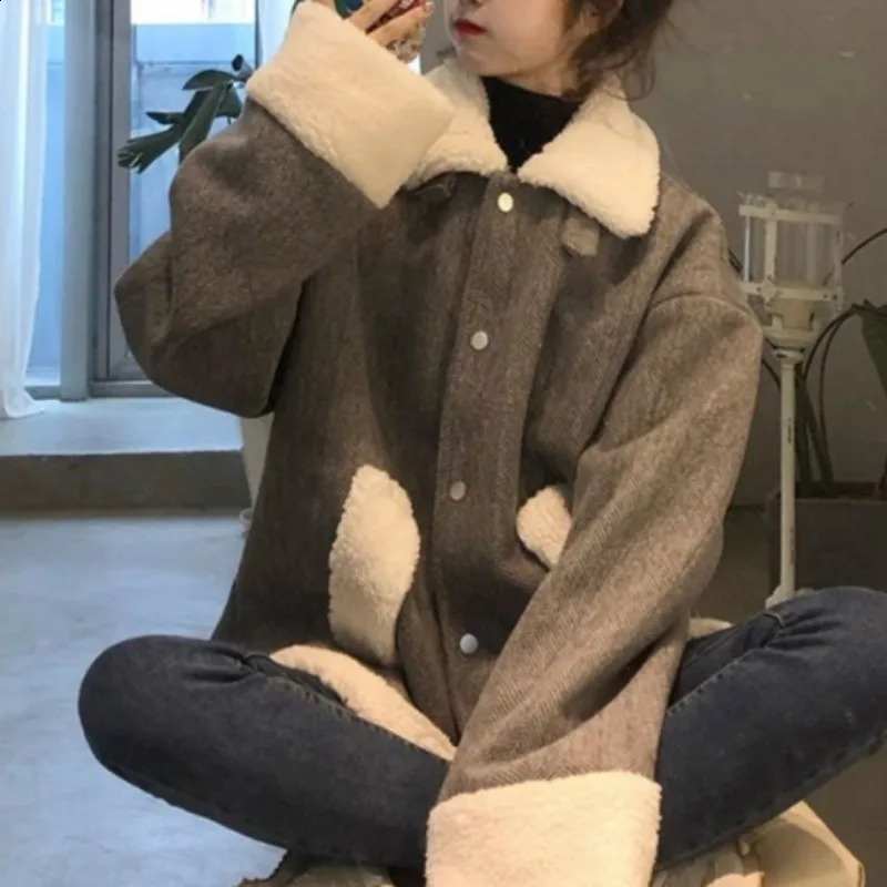 Wool jacket pocket button womens fashion lapel loose long sleeved wool autumn and winter 240905
