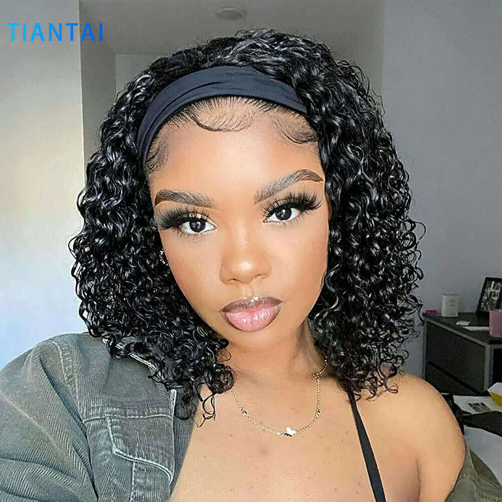 Wave 12 Inch Headband Wigs Hine Made No Glue Deep Curly Human Hair Wig
