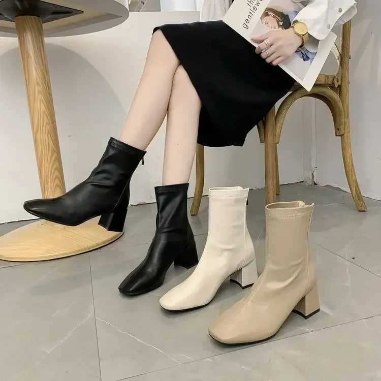 New winter square toe womens zipper ankle boots elegant thick high-heeled short boots for women Botas De Mujer 2024 CL240906