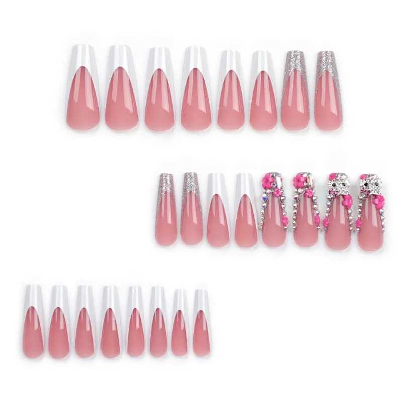 24pcs/set of Y2K fake nail art featuring Hellokity Rhinestone French white border design wearable long fan-shaped nail tips handmade patches W240905