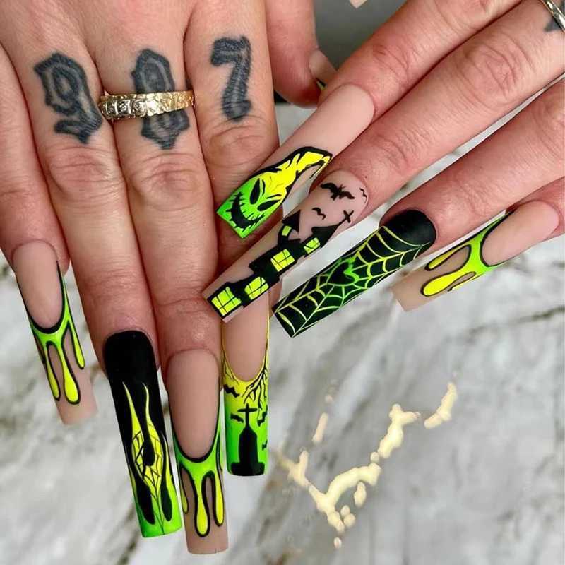 24 Halloween pressed long brown matte fake nails yellow green gradient ghost castle spider web flame fake nails W240905