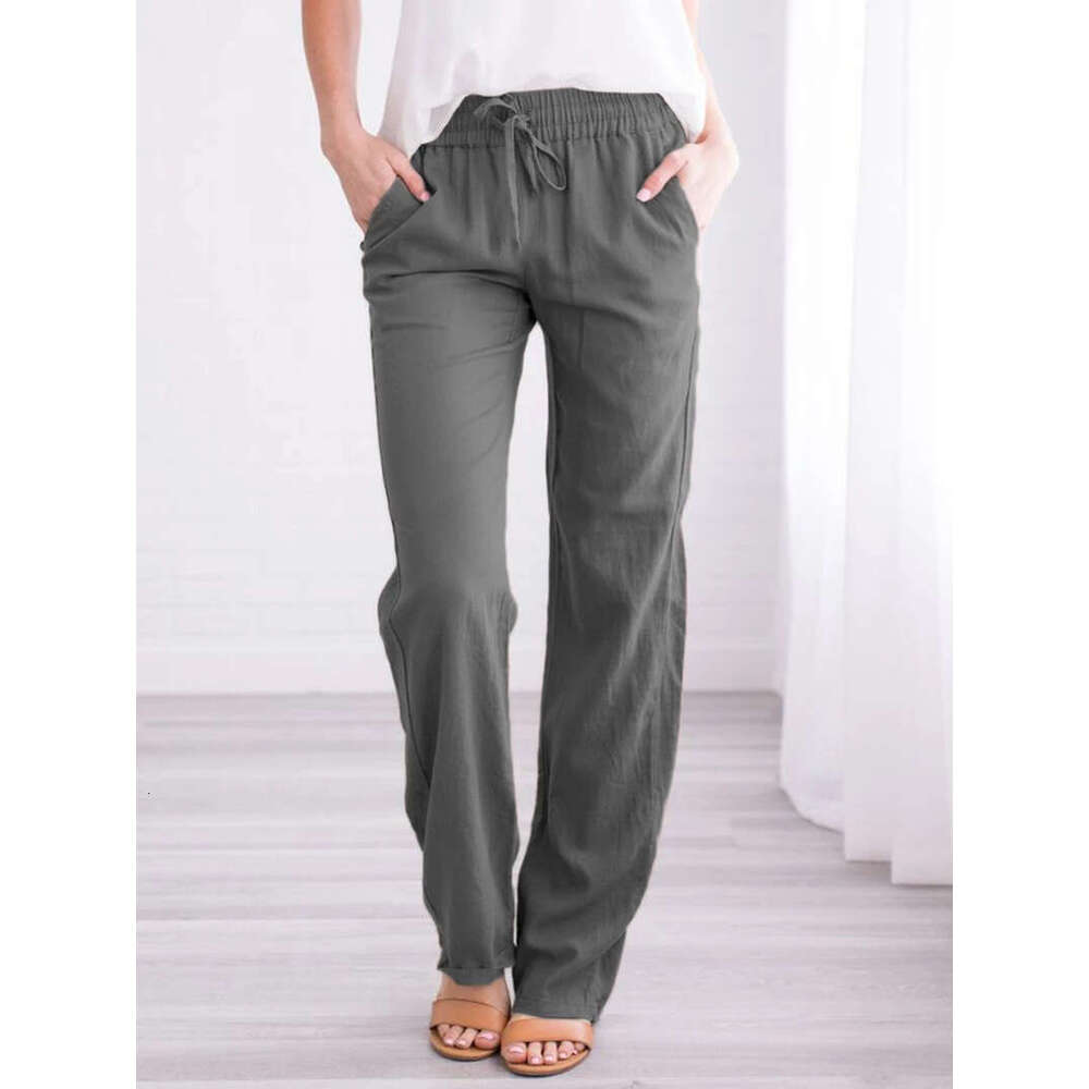 Women's Spring/Summer New Collection Solid Color Cotton and Hemp Drawstring Loose Casual Wide Leg Pants