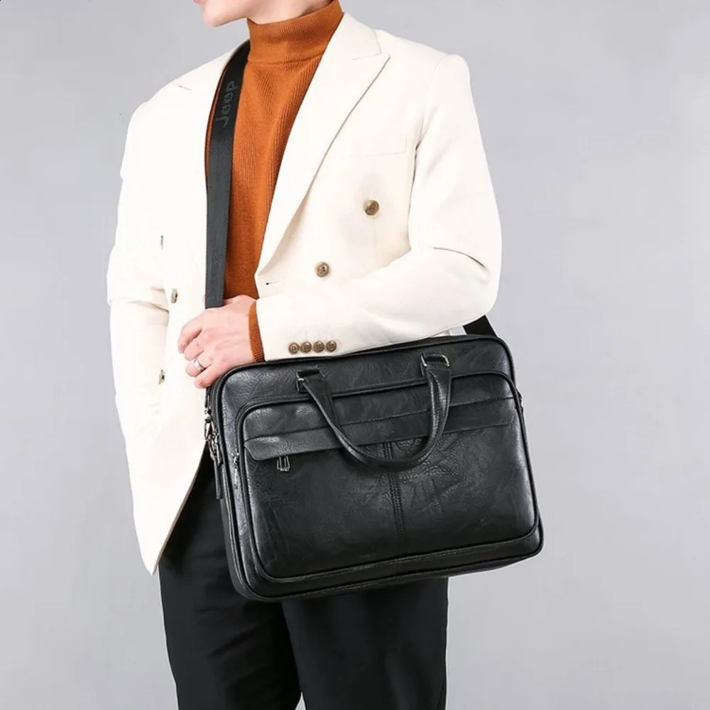 Mens business bag large capacity Pu leather y briefcase handbag Bolsas black waterproof shoulder cross body 240906