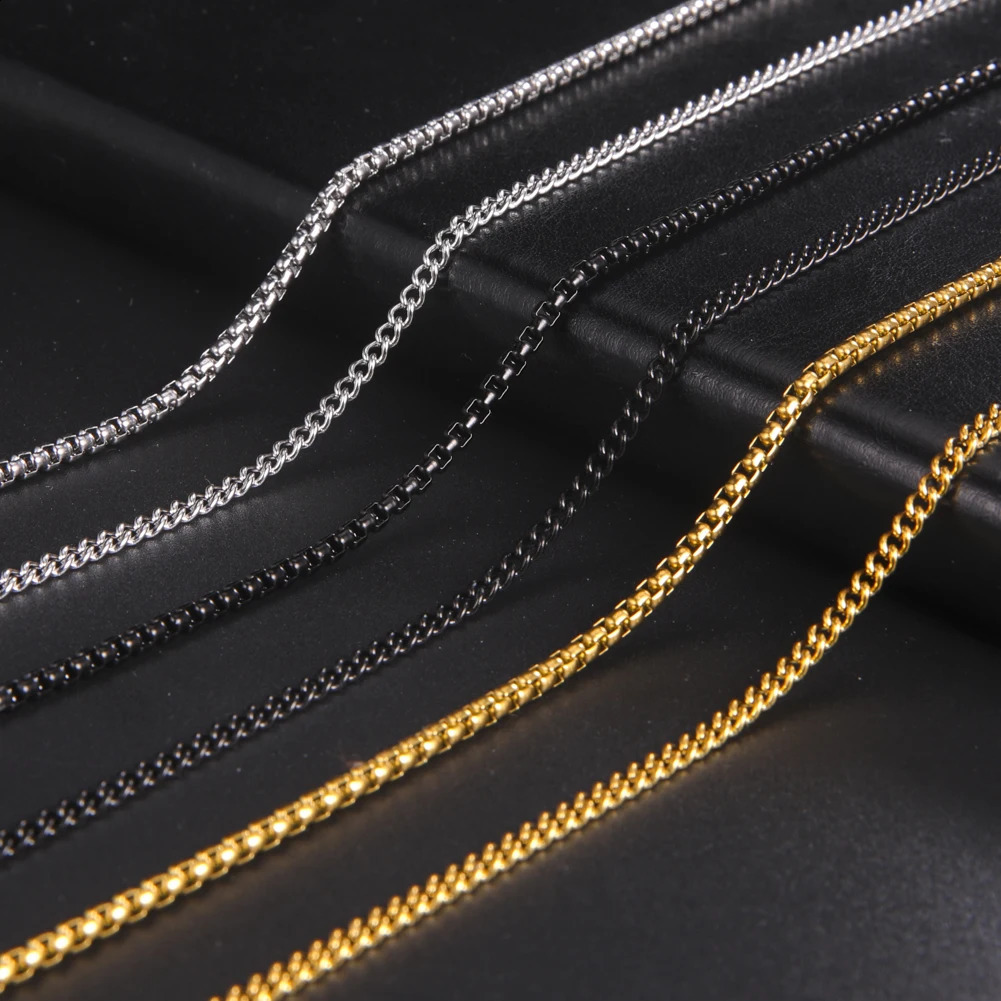 Fashion 60cm Long Box Chain Necklace Men Stainless Steel Black Gold Color Link Chains Basic Punk Jewelry Wholesale 240716