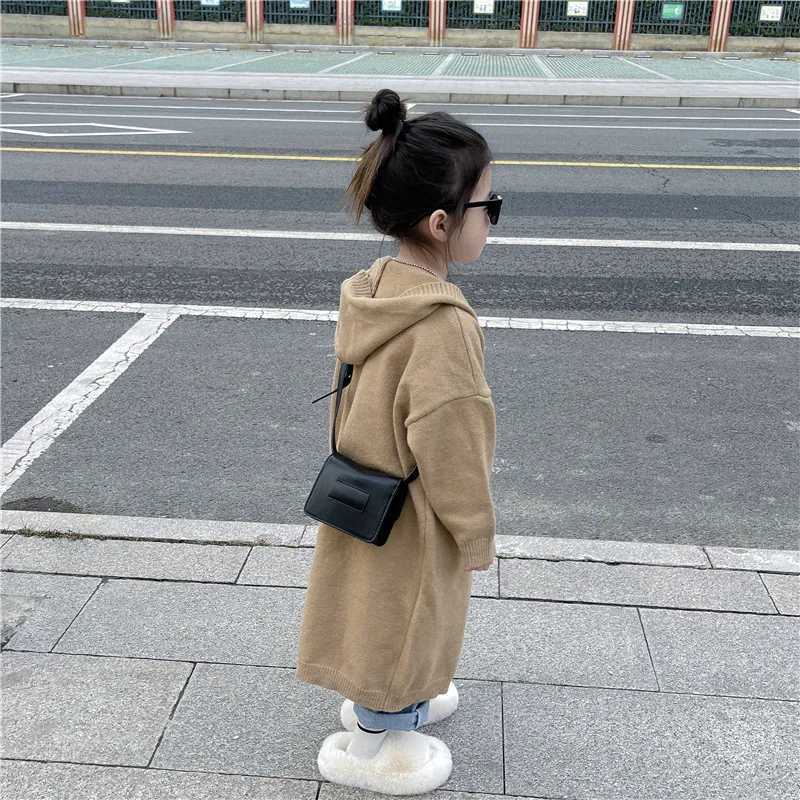 2024 Spring New Korean Children Wear Girls Long Knitted Woolen Coat with Leisure and Western Style Hooded Cardigan Coat TrendyY240906