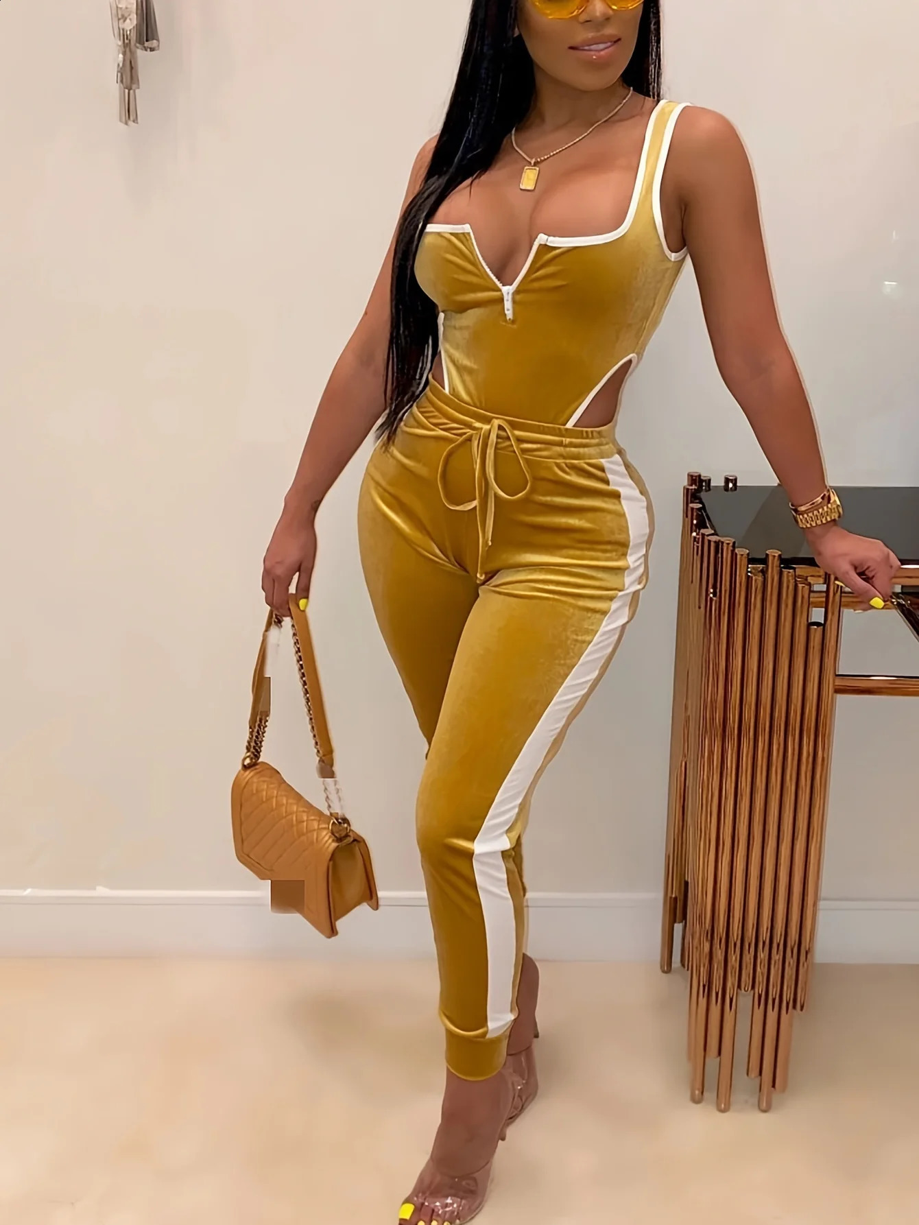 Sexy Bodycon 2pcs Set Sleeveless Cut Out Bodysuit High Waist Stretchy Pants Womens Clothing 240906