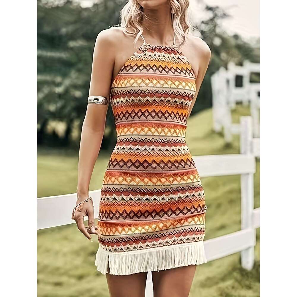 2024 new bohemian style halter top dress with tassel slimming and sexy long skirt